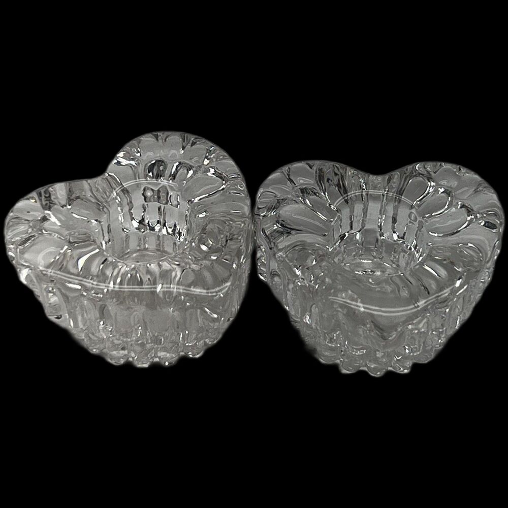 SET of 2 Crystal Clear Heart Shaped Tapered Candlestick Holders 2.5x1.5in